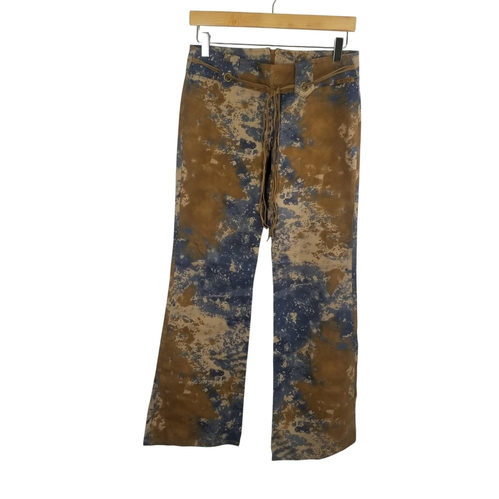 B-9 Jeans Womens High Waist Tie Dye Flare Pants Brown Blue‎ Belt Size L Festival